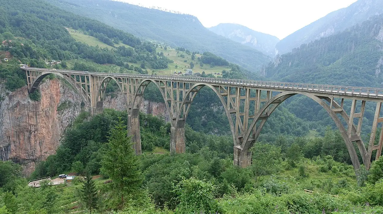 The Đurđevića Tara Bridge arching over the deep Tara River canyon in the Durmitor mountains of Montenegro