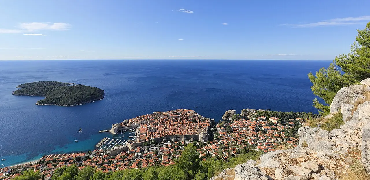 Panorama of the walled Old Town of Dubrovnik from Mount Srđ above the Adriatic