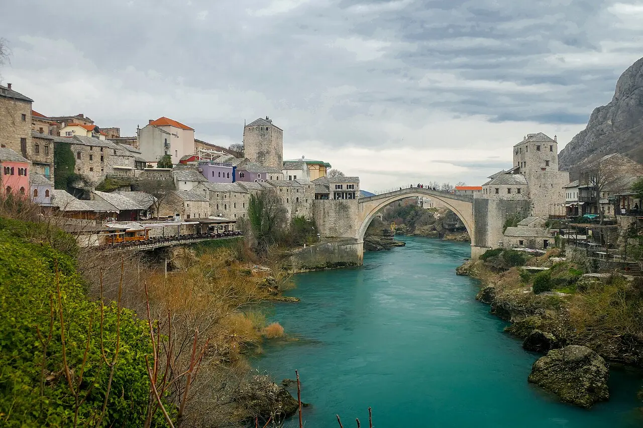 The Old Bridge at Mostar, Bosnia and Herzegovina, spanning the Neretva river