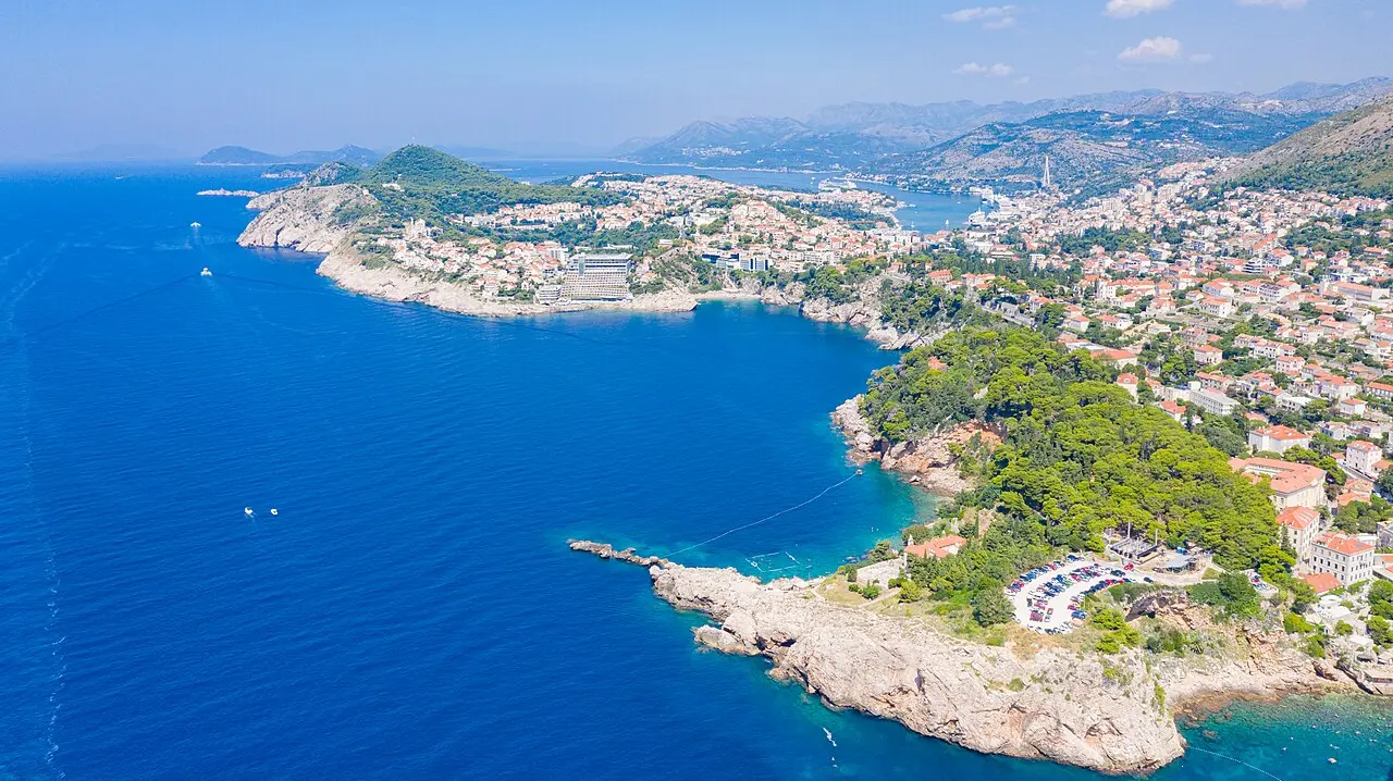 Aerial view of the Adriatic coast and old town of Dubrovnik, Croatia