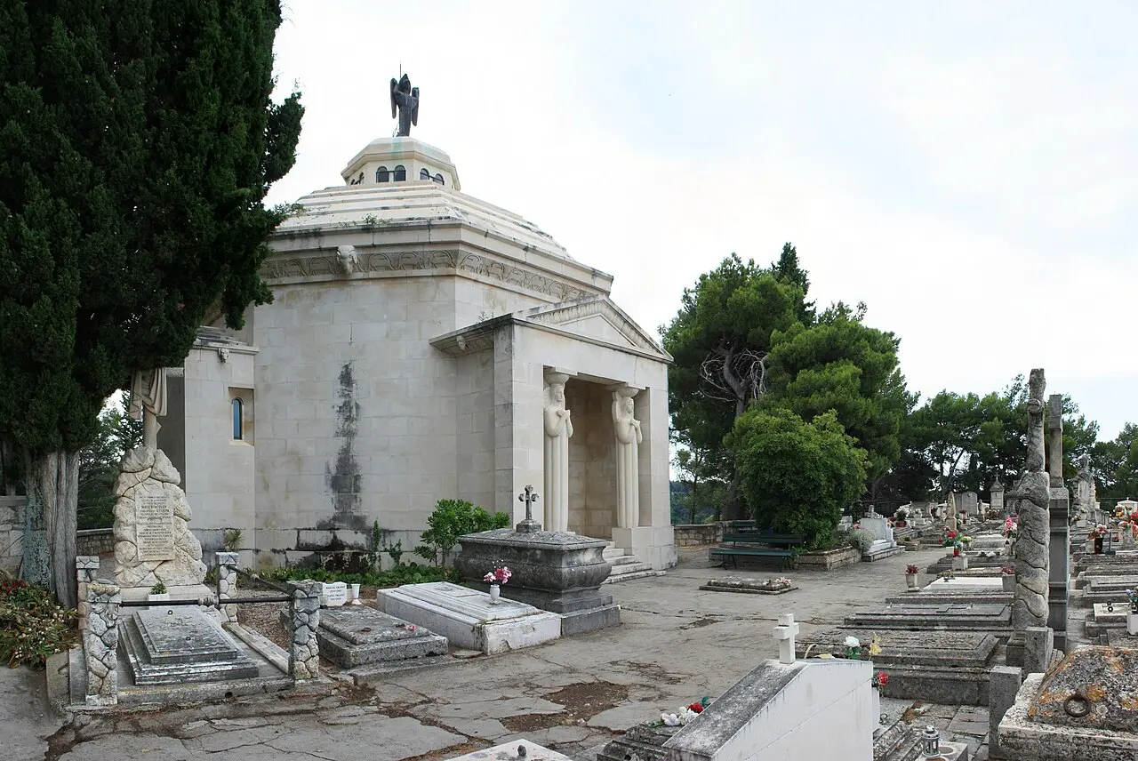 Račić Mausoleum and St Rocco cemetery among cypress trees above the Adriatic