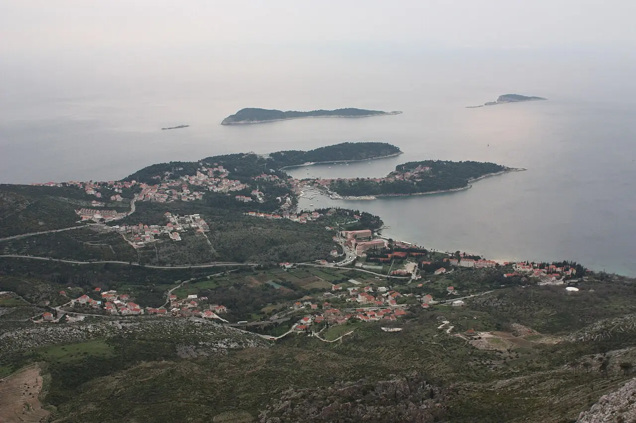 Cavtat and its bay seen from a hillside viewpoint above the town