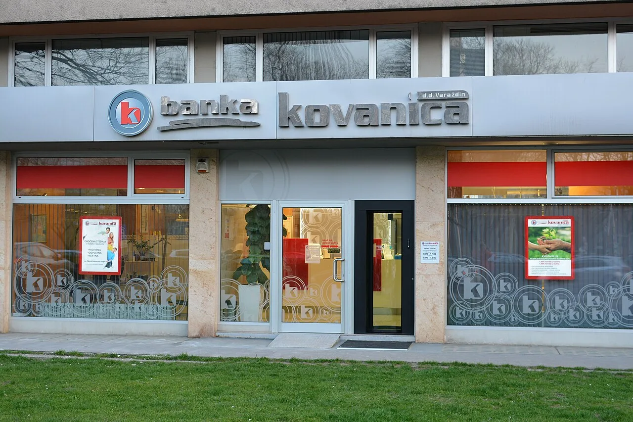 A modern Croatian bank branch building on a city street