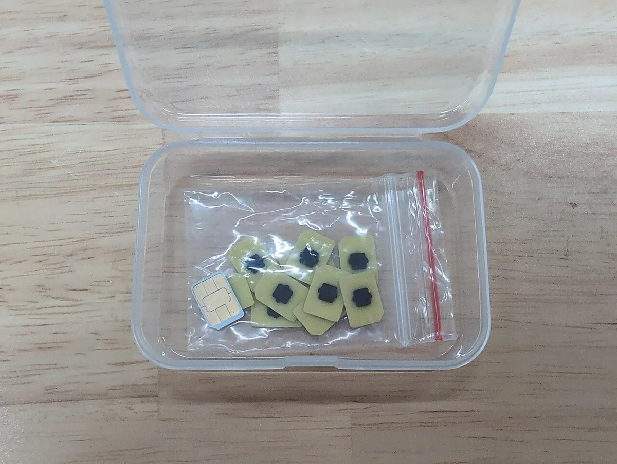 A set of eUICC eSIM chip cards used for mobile data plans