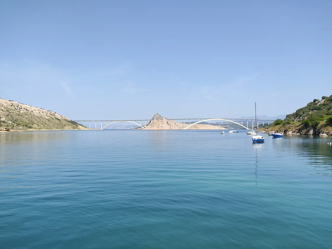 Cars crossing the Krk Bridge, the toll-free road link between the Croatian mainland and Krk island