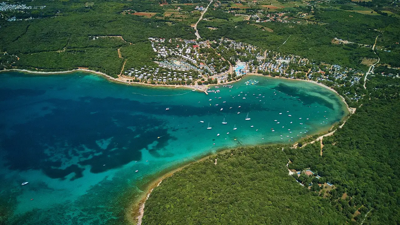 A calm turquoise Croatian bay with clear water and pine-covered shores under a bright August sky