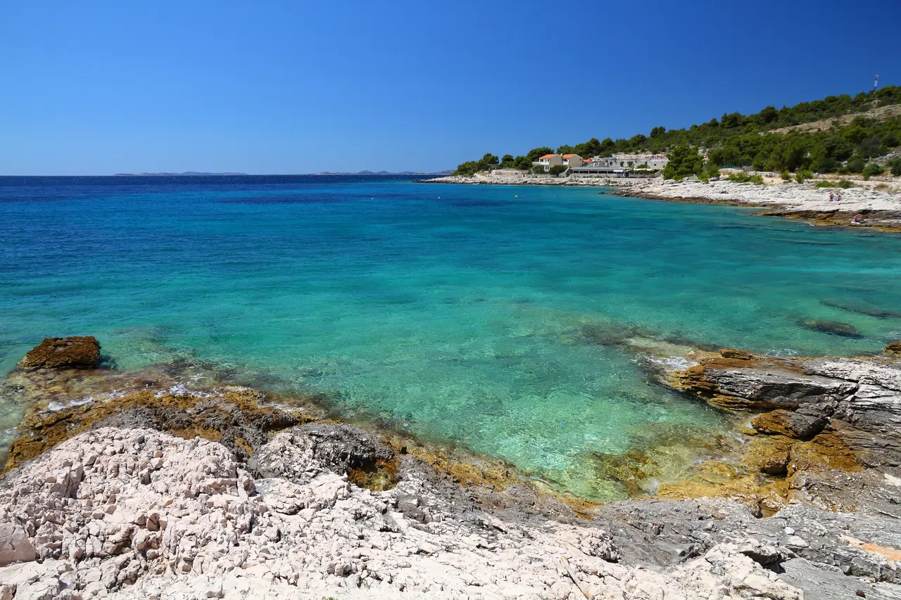 A clear turquoise rocky cove on the Dalmatian coast with a couple of houses and pine, under a deep blue July sky