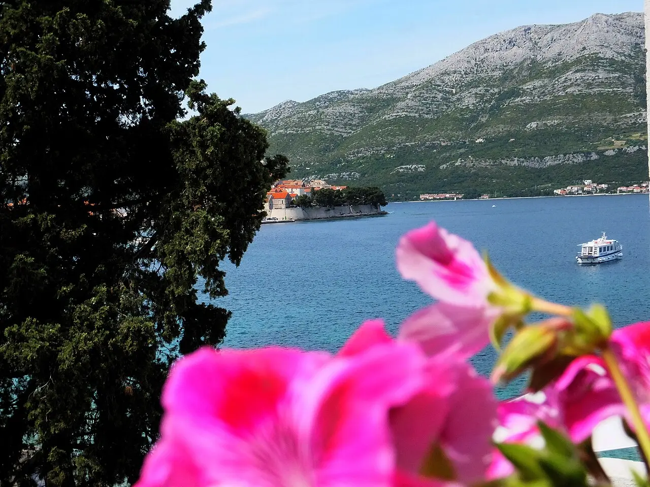 The fortified old town of Korčula on its peninsula, seen from across the water