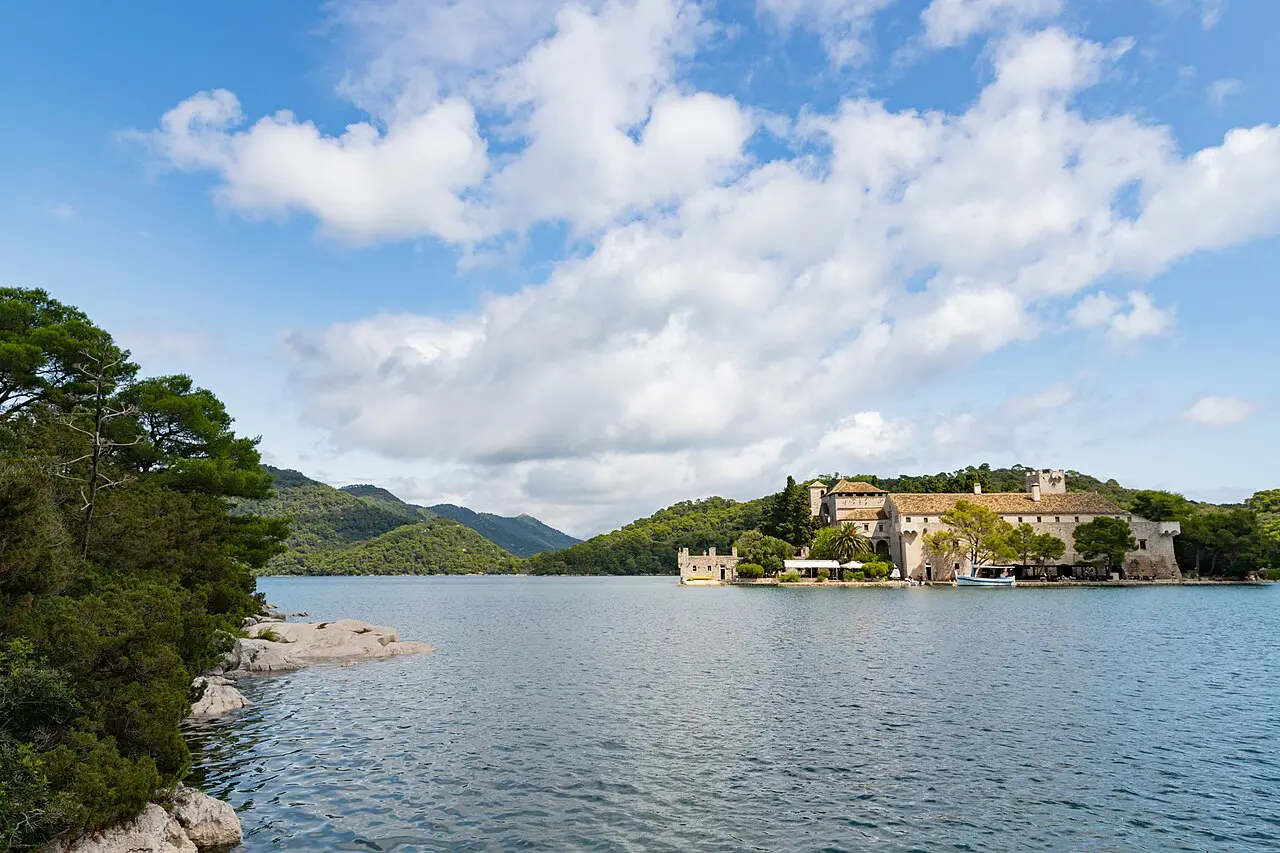 The islet of St Mary with its monastery on the saltwater Veliko Jezero lake in Mljet National Park