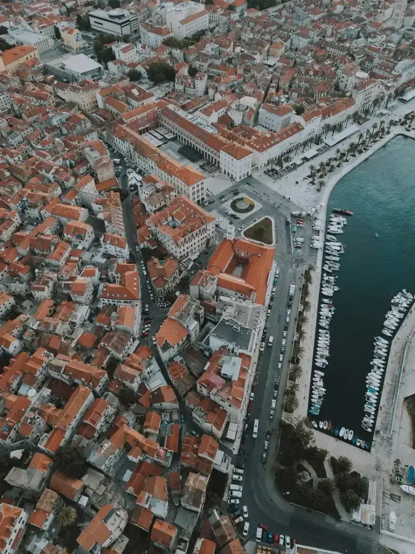 Aerial view looking straight down over the old town of Split, Diocletian's Palace and the boats along the Riva