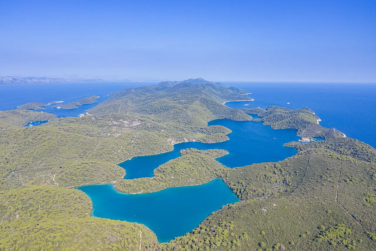 The forested saltwater lakes of Mljet National Park seen from above