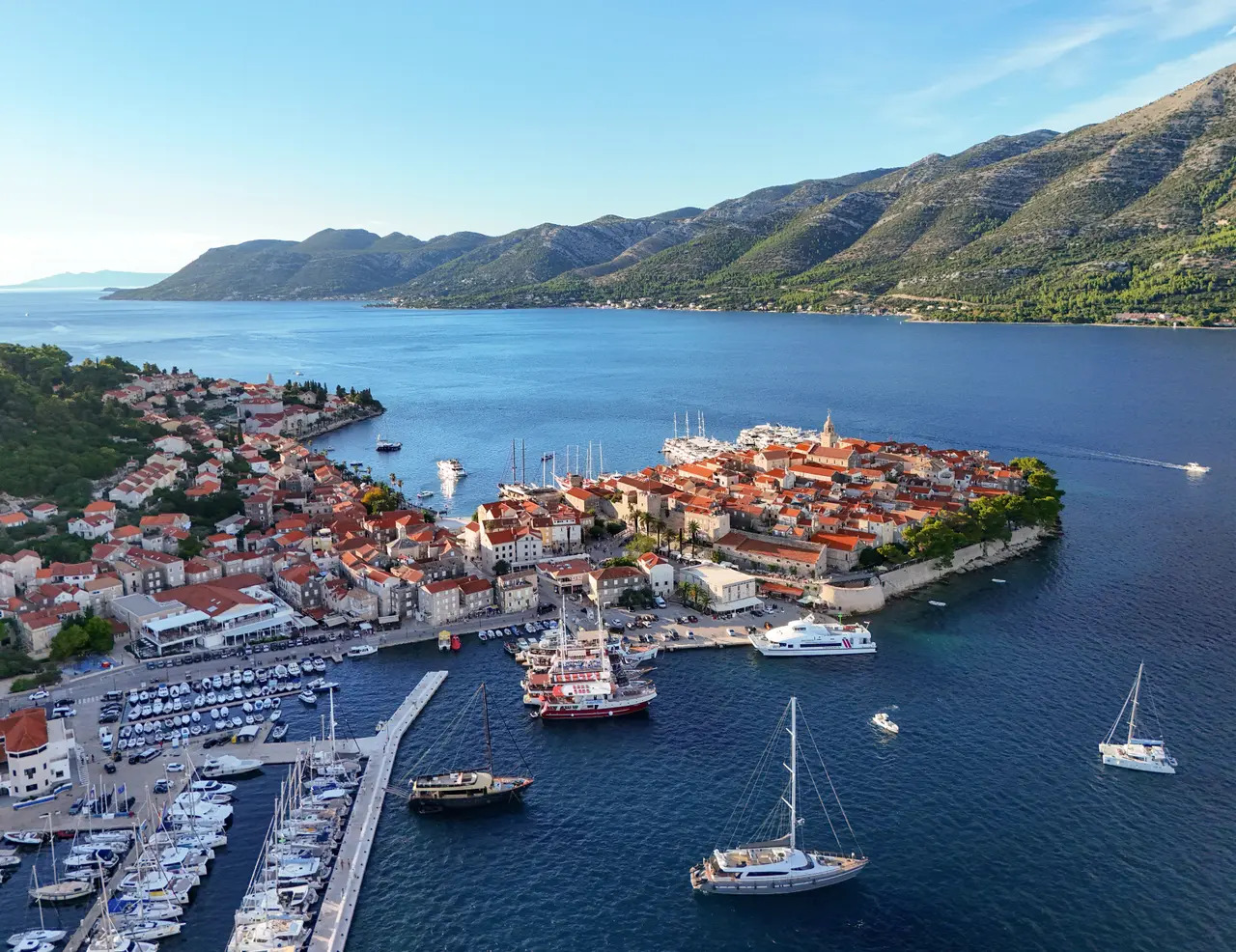 The walled old town of Korčula on its peninsula surrounded by sea