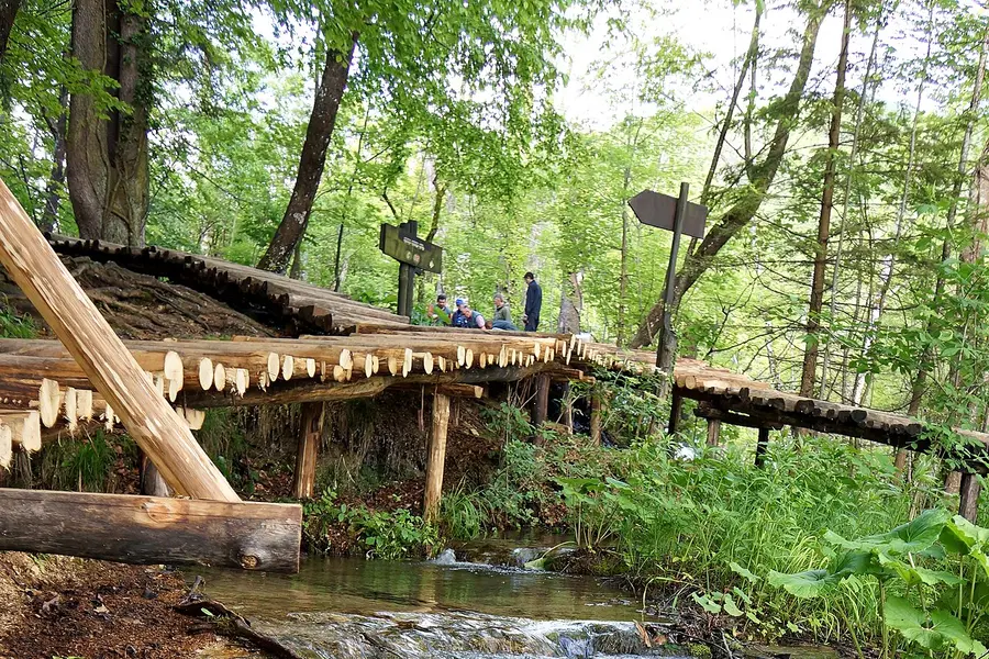A log boardwalk crossing a stream in the forest at Plitvice Lakes with walkers on it