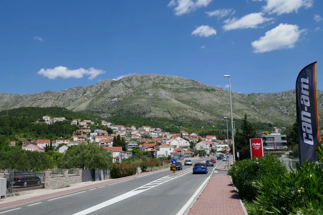 Traffic on the Adriatic coastal highway running through a Croatian town