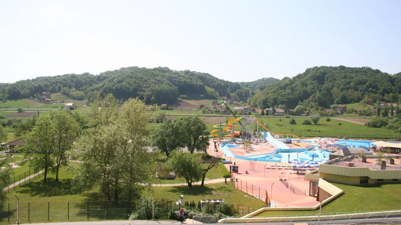 The outdoor pools and water slides of Terme Tuhelj in the green hills of Hrvatsko Zagorje north of Zagreb