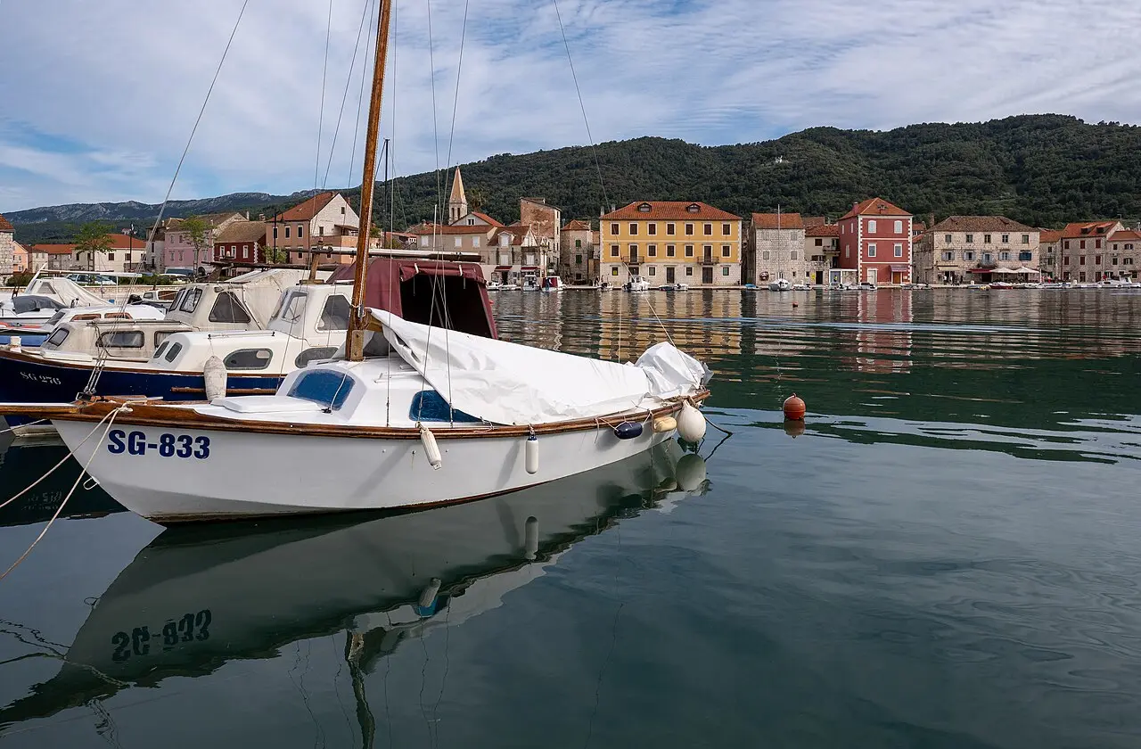Wooden boats moored at Stari Grad harbour on Hvar island, Croatia