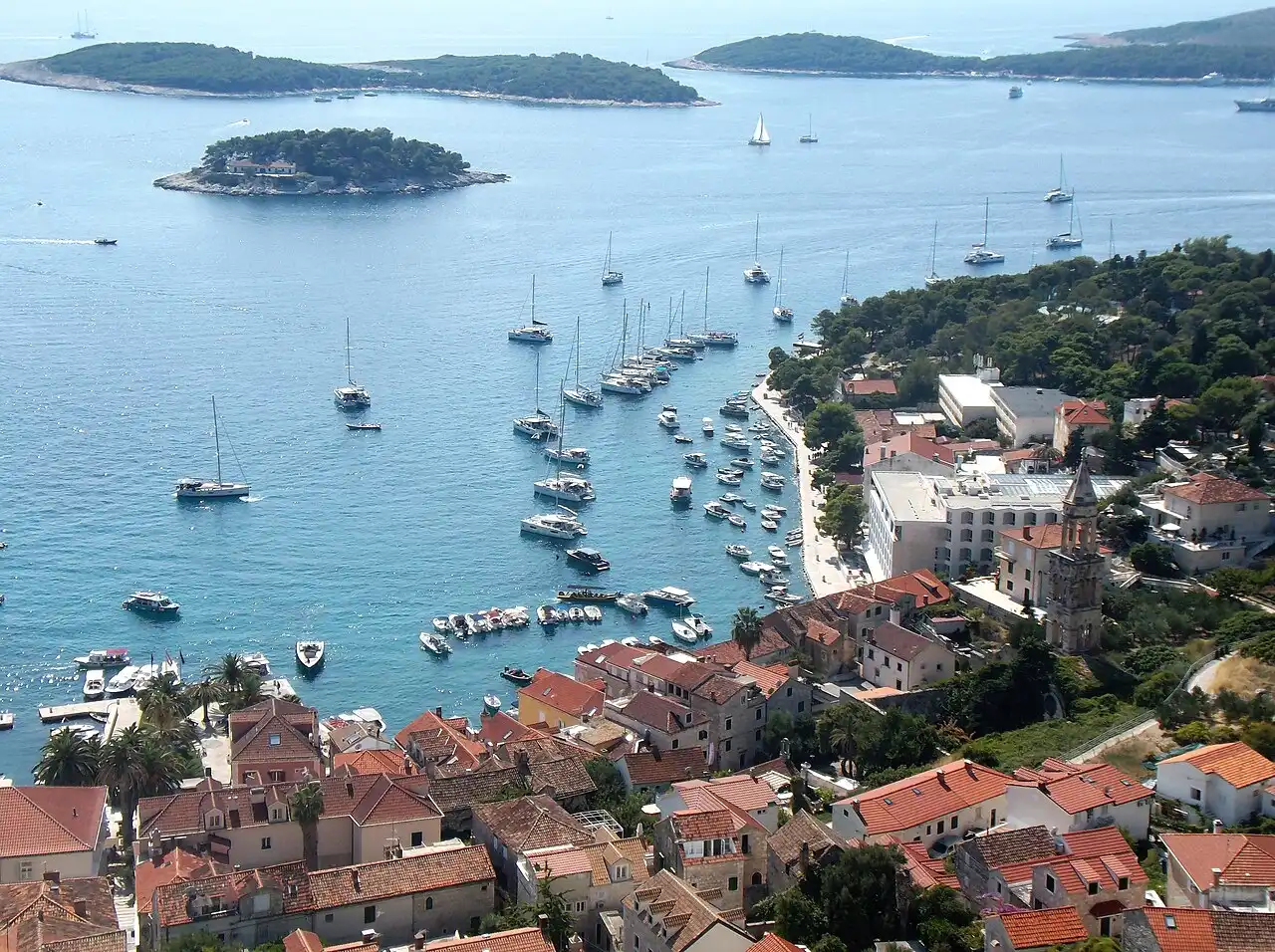 Boats moored in Hvar harbour with the Pakleni Islands behind