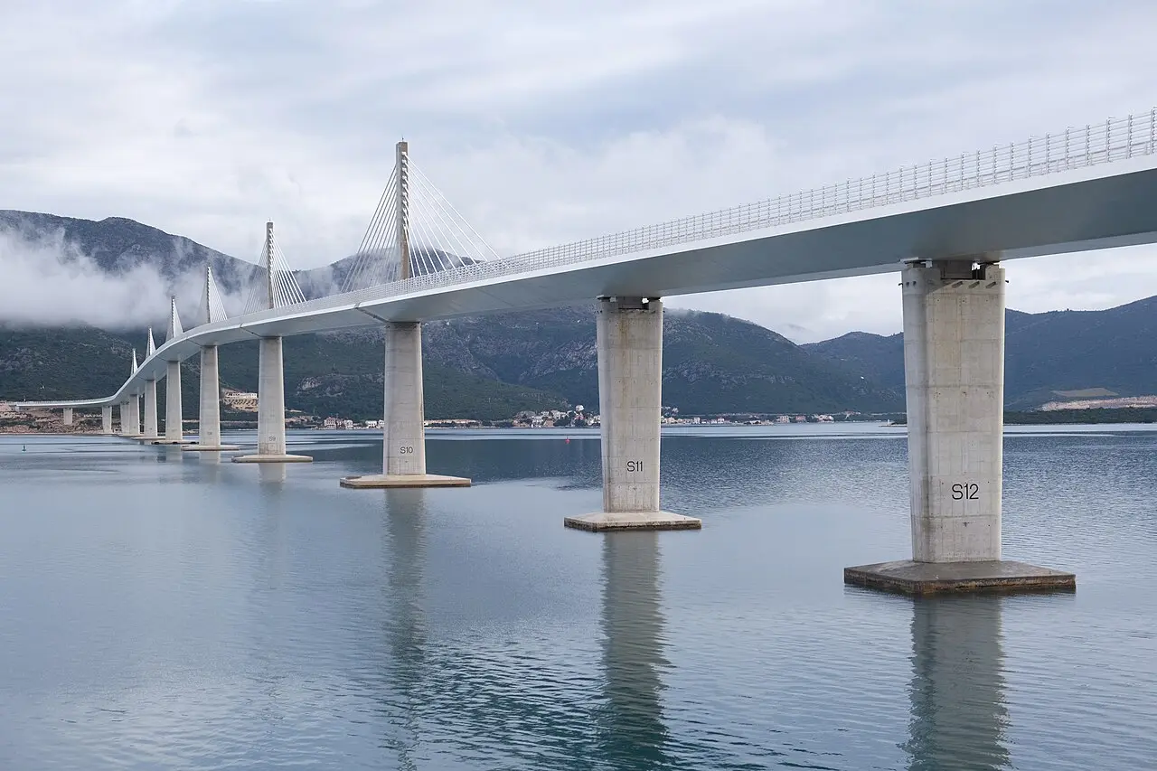 The cable-stayed Pelješac Bridge crossing the sea between the mainland and the Pelješac peninsula