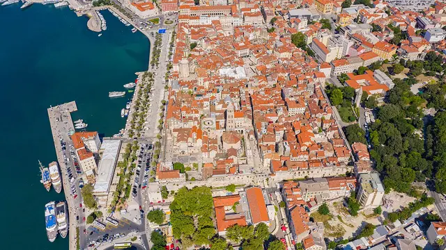 Aerial view of the historic centre of Split and Diocletian’s Palace beside the harbour