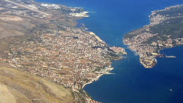 Aerial view of the island old town of Trogir between the mainland and Čiovo island