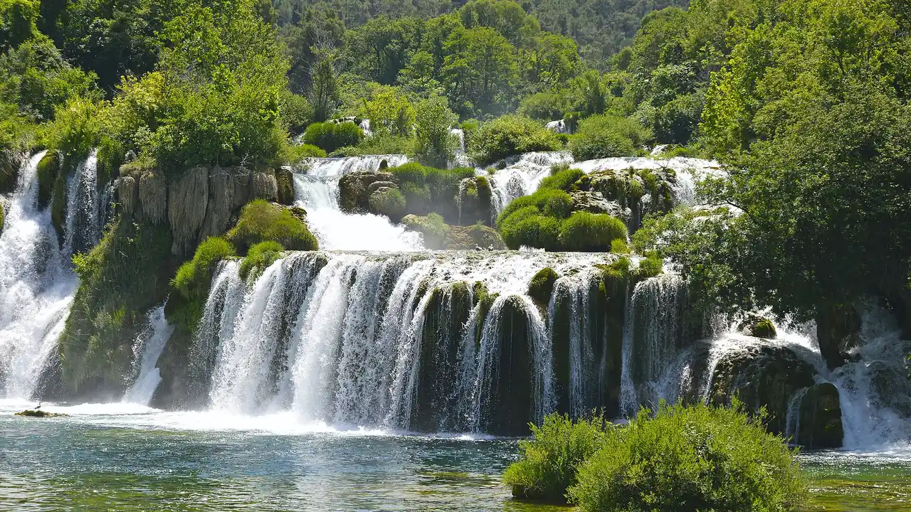 The wide Skradinski Buk waterfalls in Krka National Park cascading over travertine steps