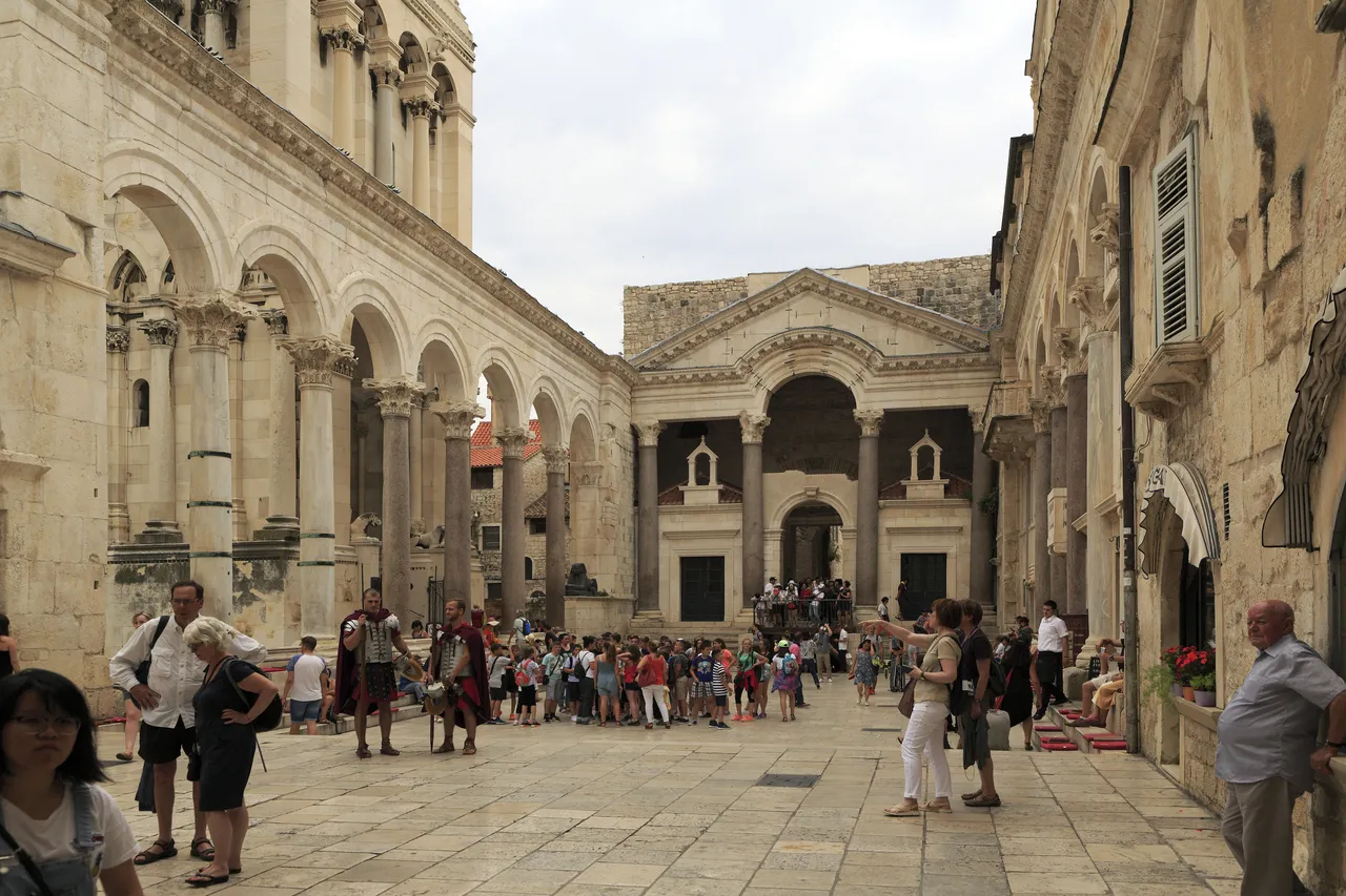 The Peristyle, the colonnaded central courtyard of Diocletian's Palace in Split, with Roman columns and the columned Protiron facade leading up to the imperial quarters