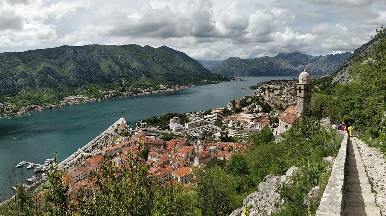The old town of Kotor at the head of the Bay of Kotor, ringed by steep grey mountains
