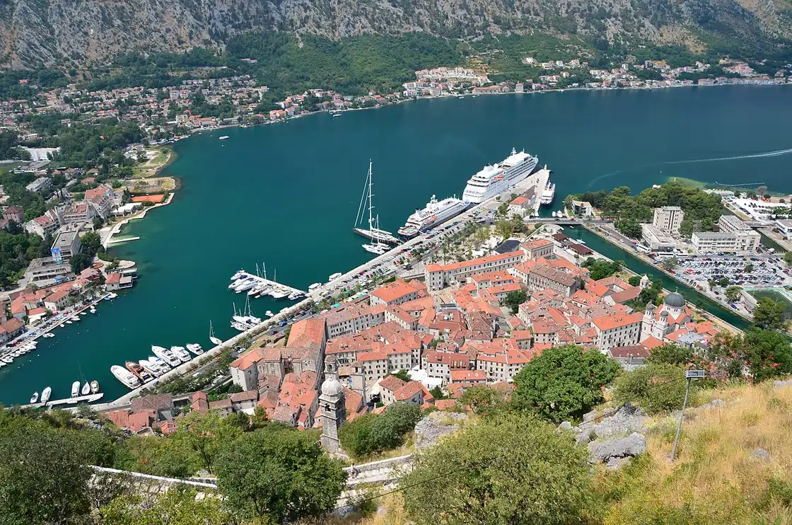 Stone lanes and a church tower inside the walled old town of Kotor