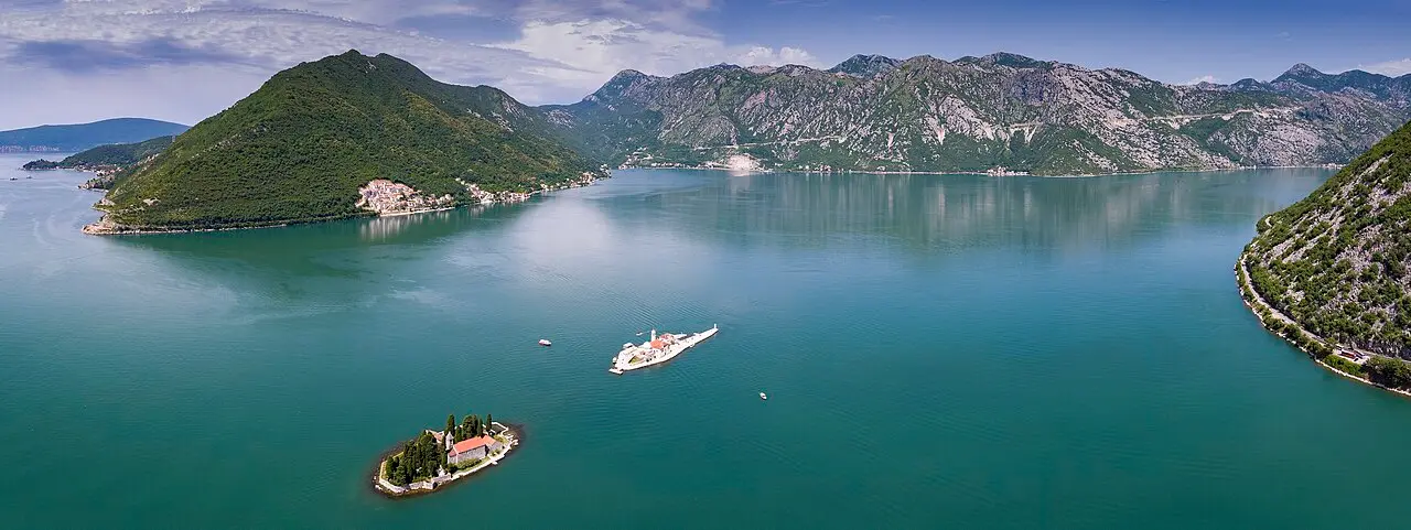 Aerial view of Perast on the Bay of Kotor with its two islands offshore
