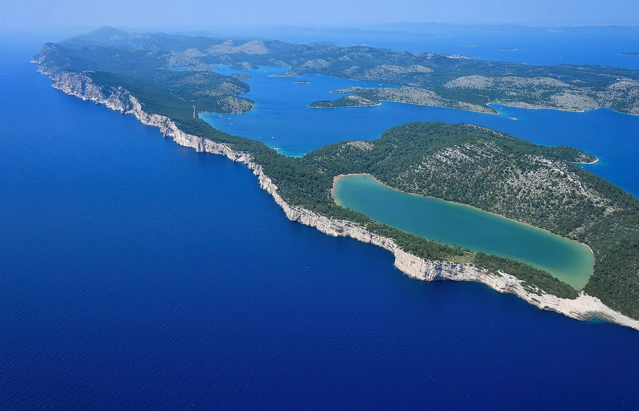 Aerial view of Telašćica Nature Park at the southern end of Dugi Otok with long sheltered bays