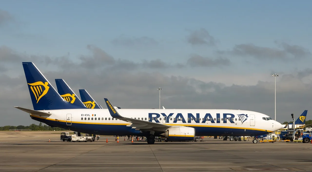 A Ryanair Boeing 737 in white, blue and yellow livery parked on the apron at London Stansted, two more blue tails lined up behind it and baggage tugs beside the fuselage