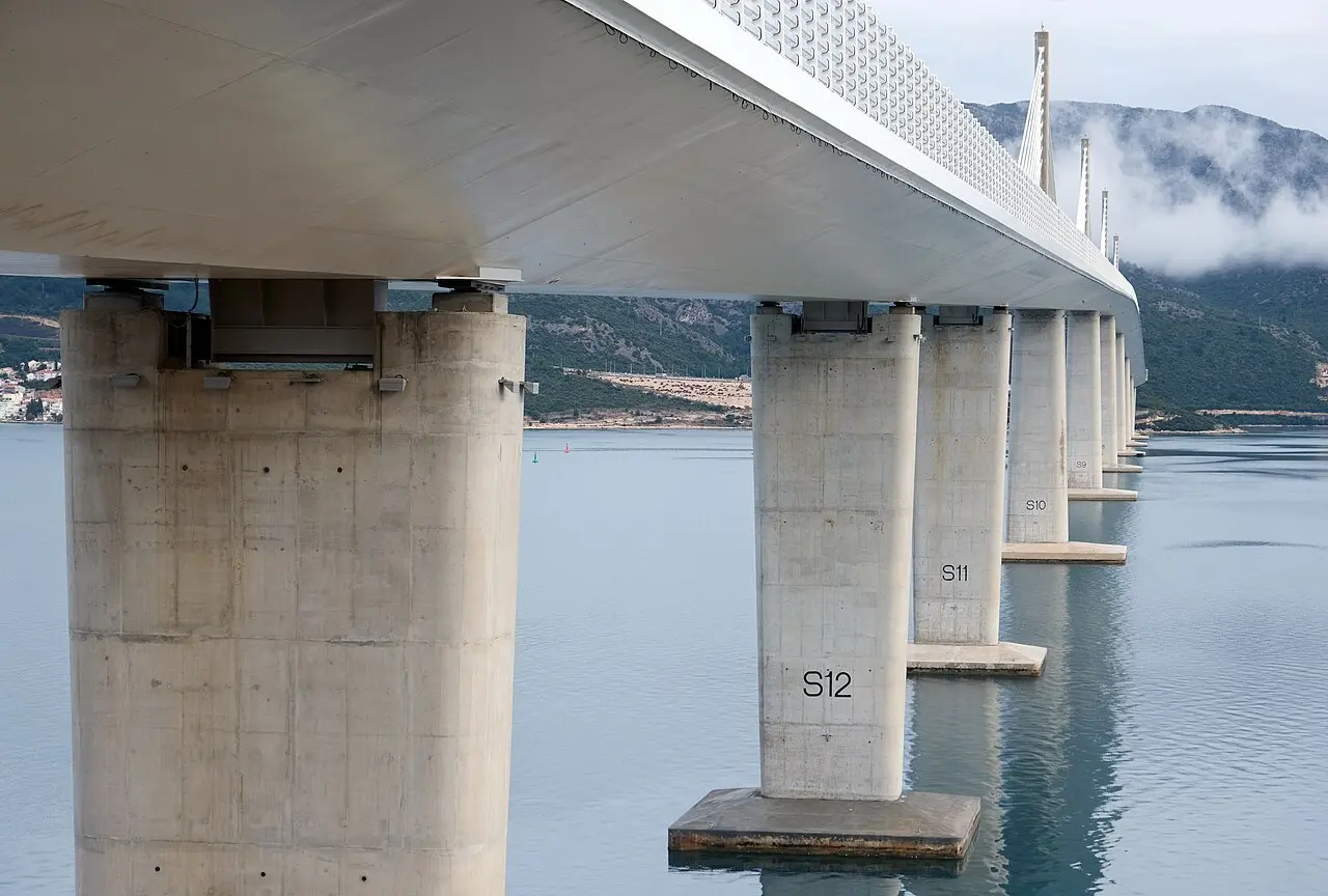 The Pelješac Bridge carrying the coastal road across the sea to the Pelješac peninsula
