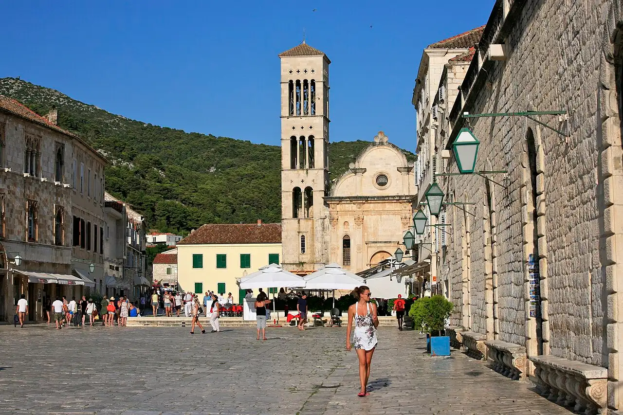 St Stephen's Square in Hvar Town leading up to the cathedral and bell tower