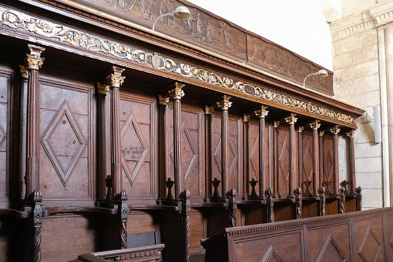 Carved wooden choir stalls inside the Franciscan Monastery in Hvar Town