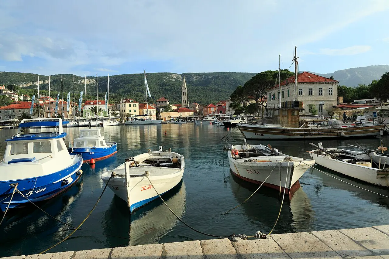 Small boats moored in the inner harbour of Jelsa on Hvar island