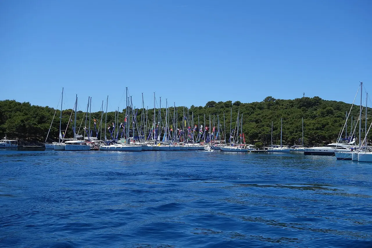 Yachts moored in the sheltered turquoise bay of Palmižana in the Pakleni Islands off Hvar