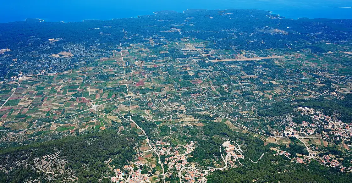 Aerial view of the Stari Grad Plain on Hvar, a grid of ancient farmed plots and dry-stone walls