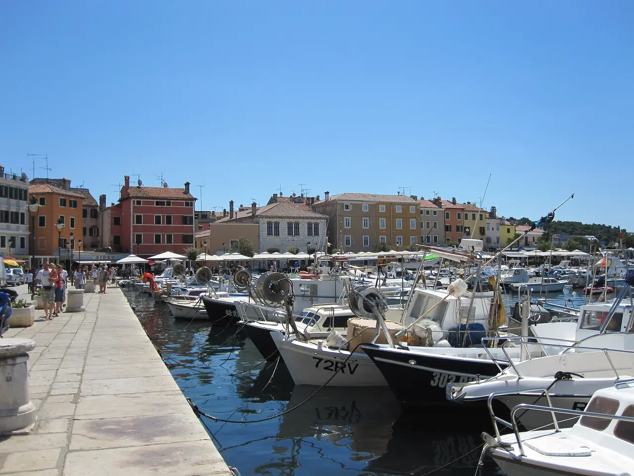 Small fishing boats moored along the working harbour of Rovinj, with a row of pastel-coloured houses behind them