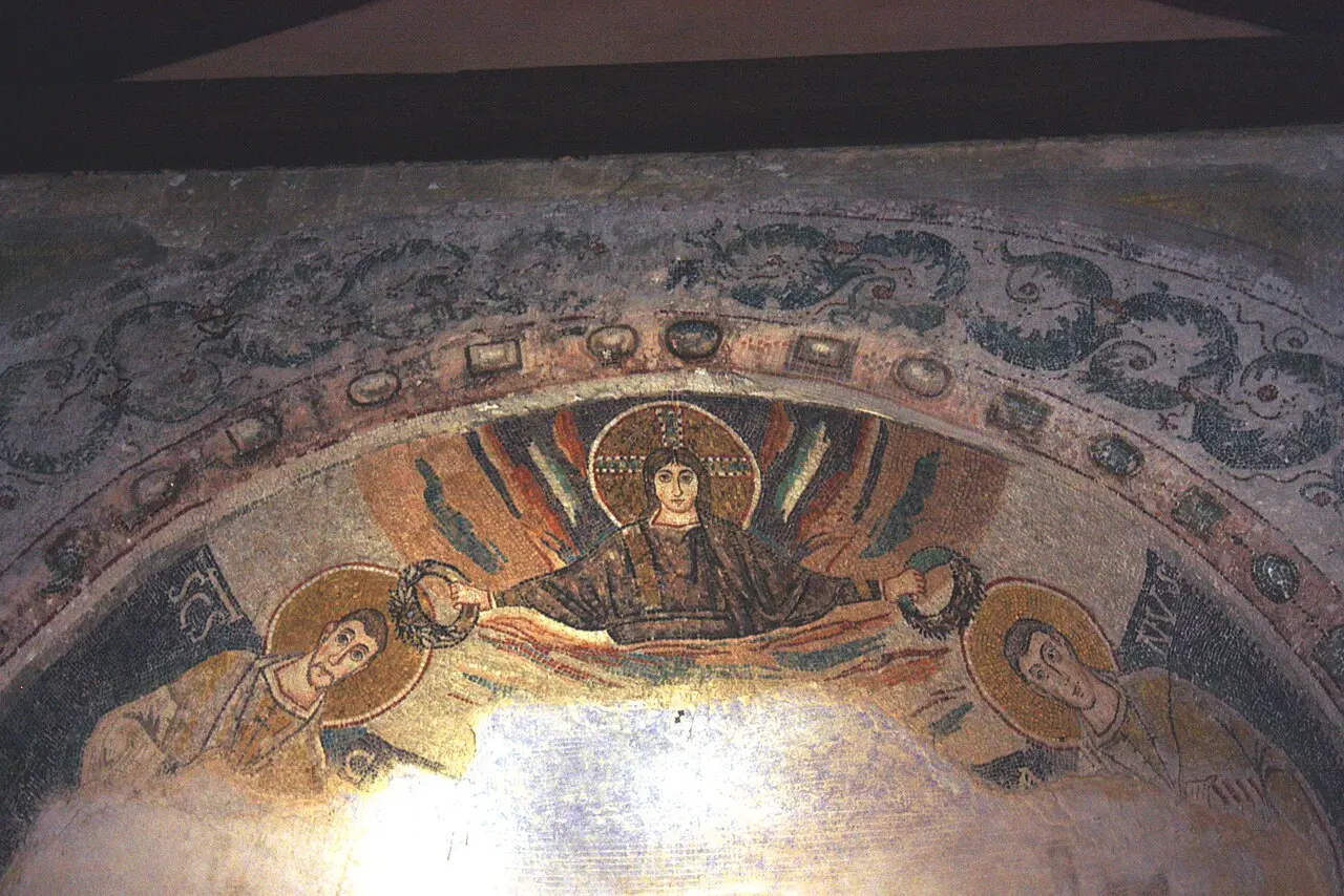 The gold Byzantine mosaic in the apse of the 6th-century Euphrasian Basilica in Poreč, Istria, showing the Virgin and Child among saints