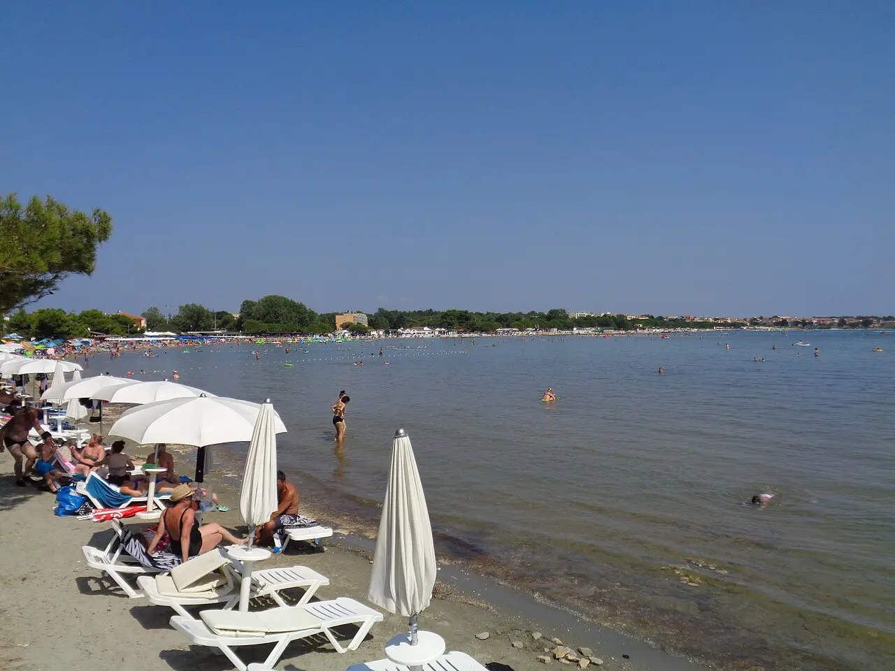 The shallow sandy Bijeca beach at Medulin near Pula in southern Istria, busy with families and clear turquoise water