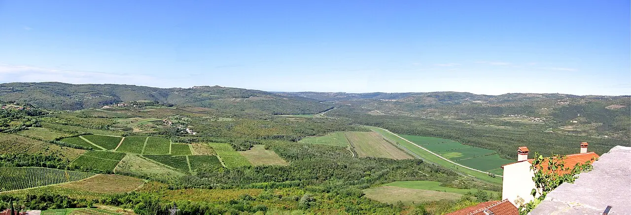 The medieval hilltop town of Motovun in central Istria, ringed by walls on a 277-metre hill above green vineyards and the Mirna valley