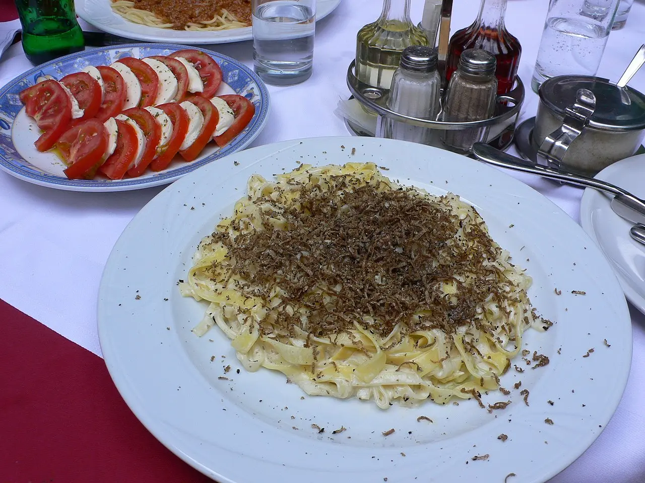 A plate of Istrian pasta topped with freshly shaved truffle, served with a glass of wine in Istria, Croatia