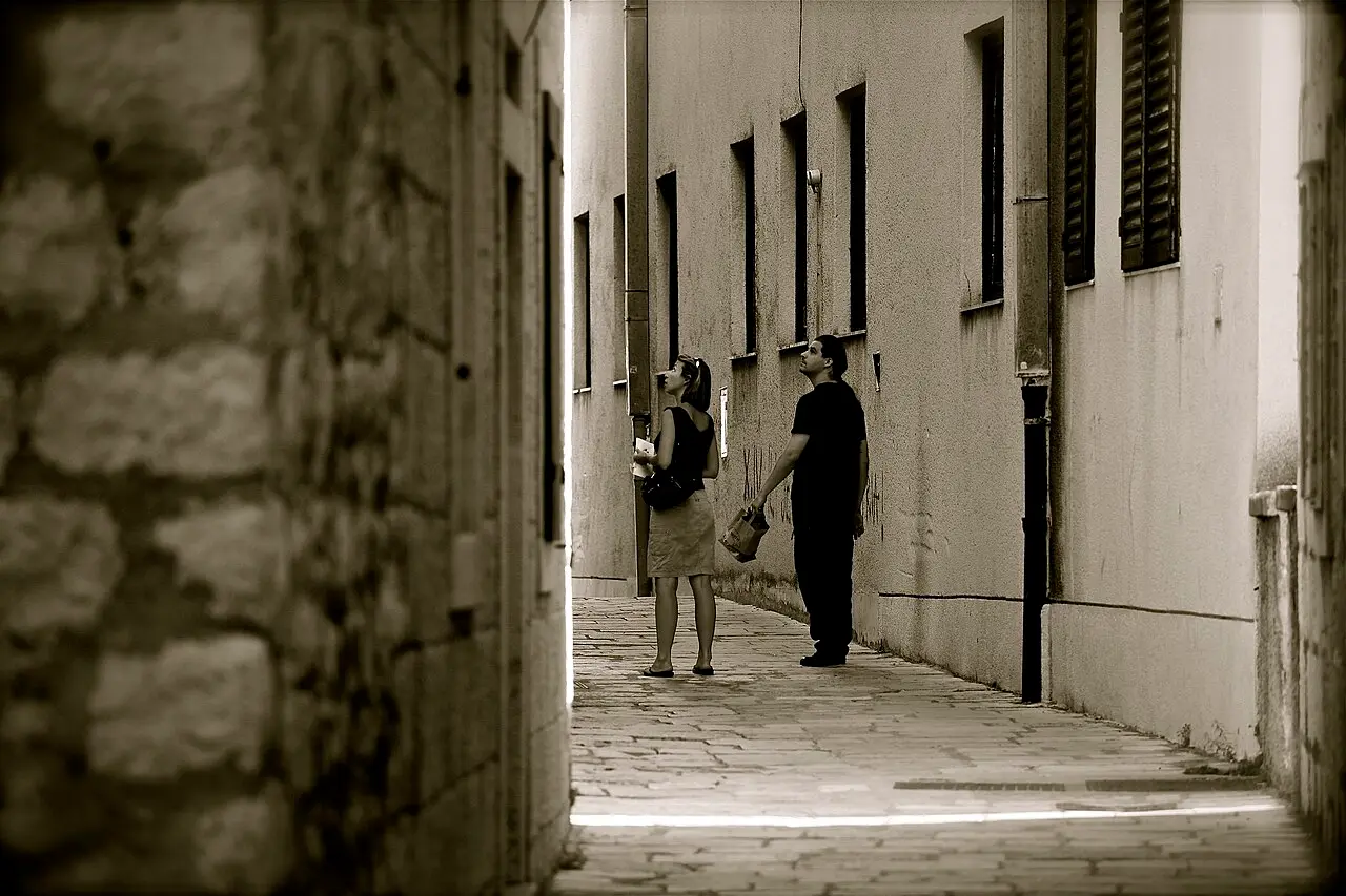 A quiet stone alley in Korčula old town with worn steps, shutters and hanging plants