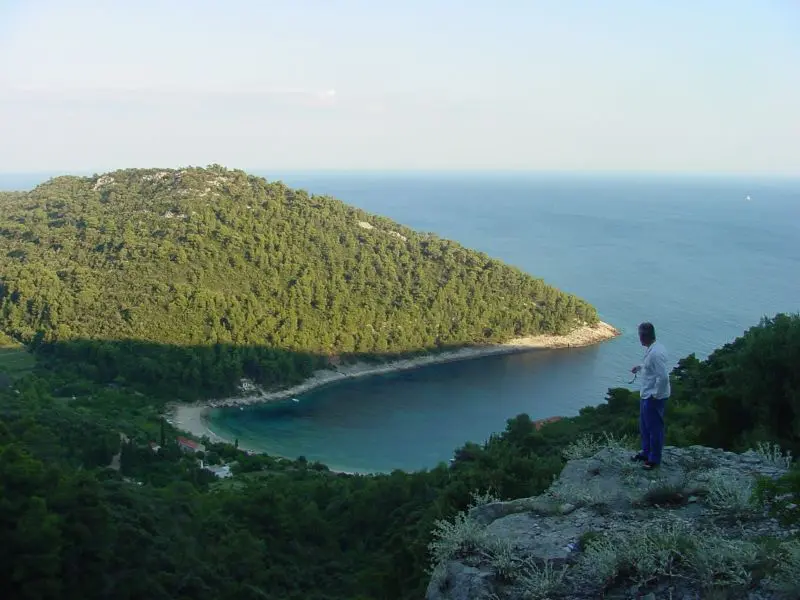 The horseshoe pebble cove of Pupnatska Luka on Korčula, with turquoise water framed by green hills