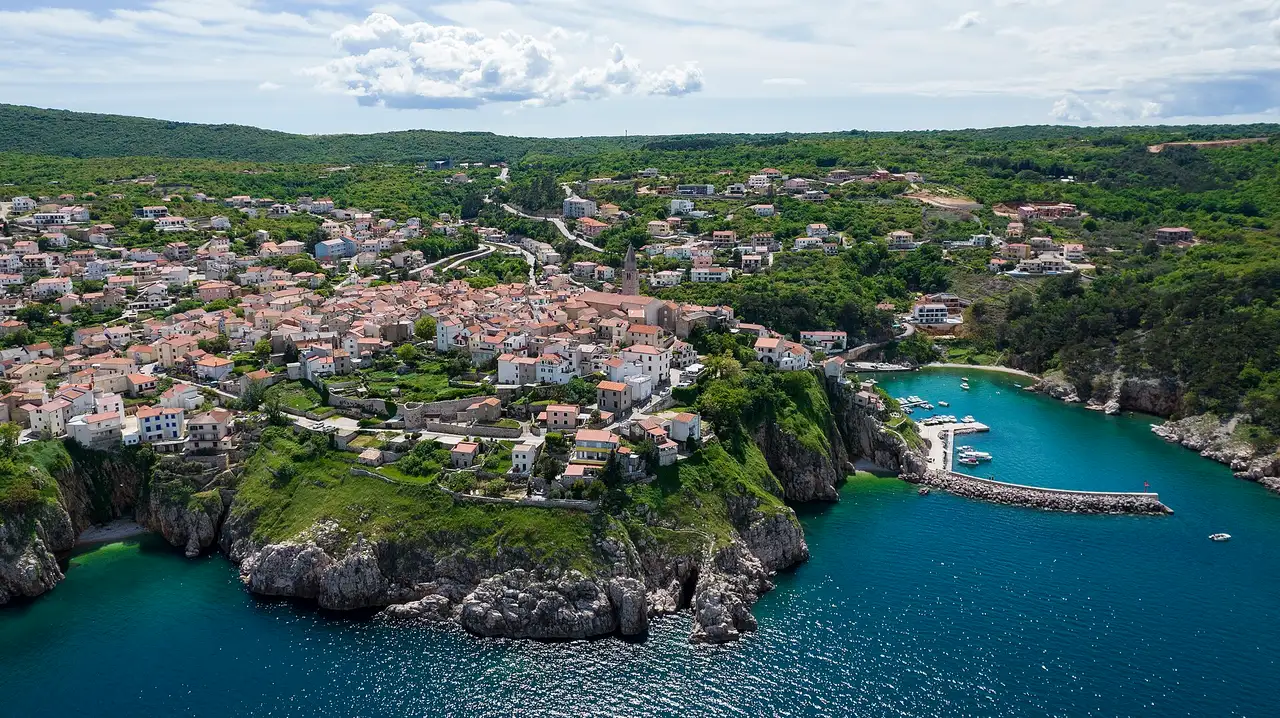 Aerial view of Vrbnik on its cliff above the sea on the island of Krk