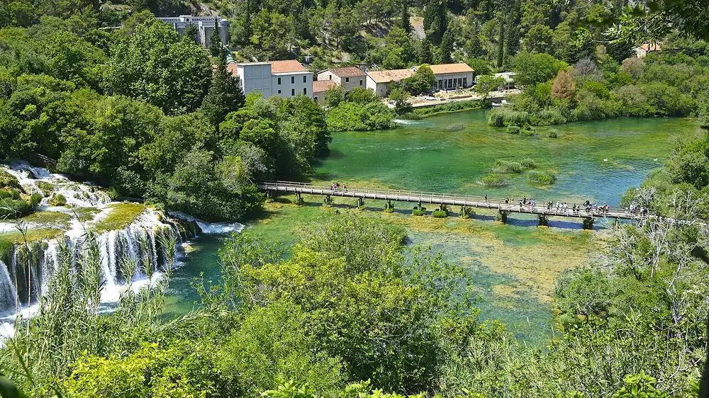 The wide Skradinski Buk waterfalls and footbridge at Krka National Park