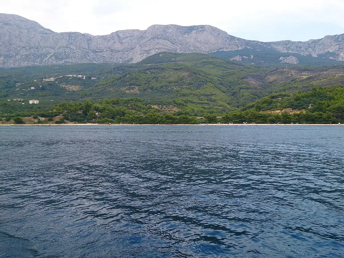 The pine-backed pebble beach at Podgora on the Makarska Riviera seen from the sea, with the steep grey Biokovo massif rising behind