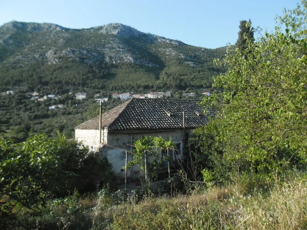The scattered stone houses of Babino Polje on the green southern slope of Mljet island