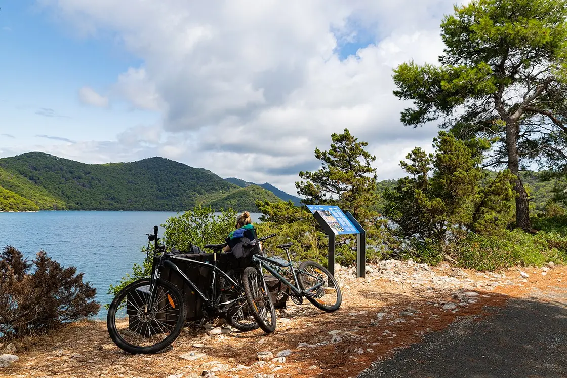 Cyclists on the flat shaded path beside Veliko Jezero in Mljet National Park