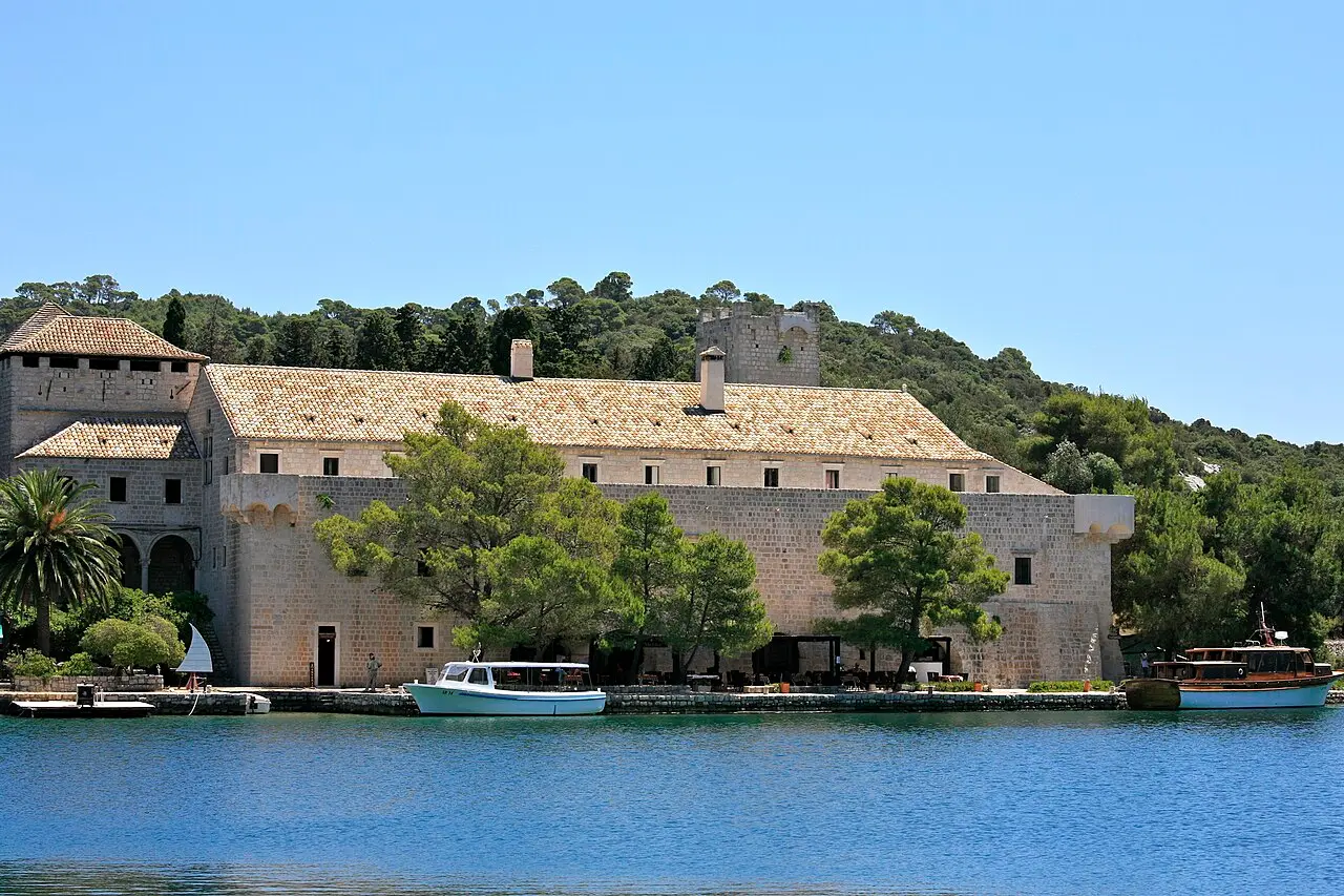 The stone Benedictine monastery and church on St Mary islet in Veliko Jezero, Mljet